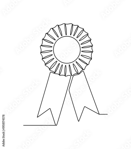 Competition First Prize Ribbon. Minimalistic one-line drawing rosette ribbon badge awarded for winning a contest, continuous single black line on white