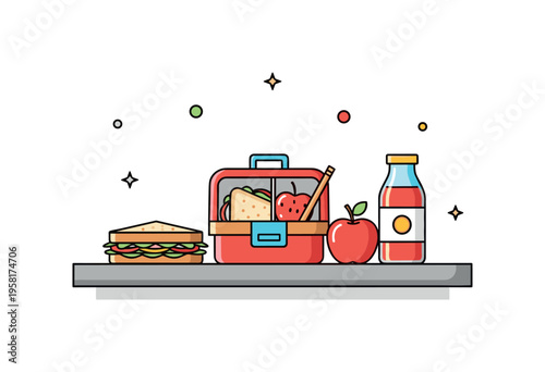 School lunch preparation featuring a small lunchbox on a kitchen counter surrounded by a sandwich, apple, and juice bottle. The cheerful composition represents
