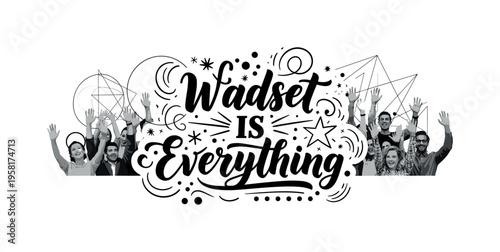 crowd waving hands digitally, geometric lines circles and abstract shapes symbolizing excitement and interaction, black and white retro realistic figures