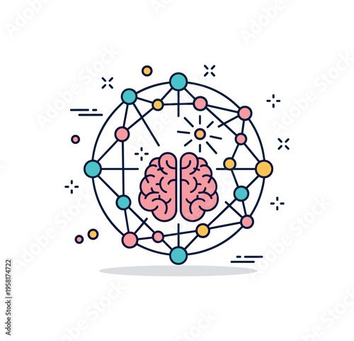 Brain networks and creative thinking illustrated with a brain icon surrounded by connected nodes forming a neural web while a small spark icon appears at the