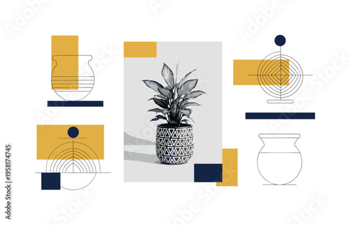 black-and-white decorative pot with a leafy plant centered while other pots appear as abstract geometric shapes around it, circles and thin lines symbolizing
