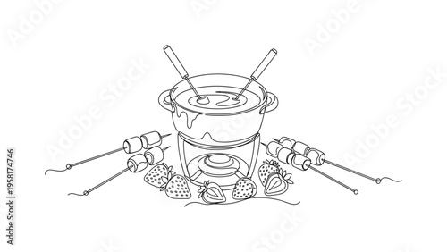 Fondue Dessert. Minimalistic one-line drawing pot of melted chocolate with strawberries, marshmallows, and skewers arranged around, continuous single black