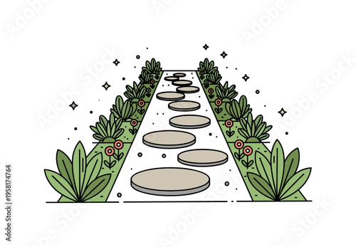 Garden stepping stone path series of rounded stepping stones leading through lush plants and small flowers arranged symmetrically along both sides of the