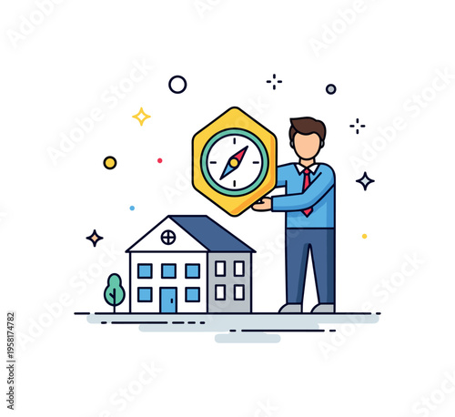 Resilient business leadership illustrated with a small company building protected by a leader figure holding a compass icon symbolizing direction and guidance.