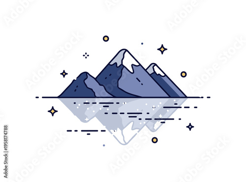 Mountain lake reflection simple mountain silhouette mirrored in calm water with subtle glimmer points. A balanced editorial illustration about harmony between