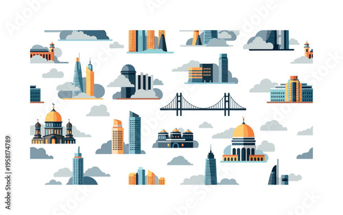urban smog clouds over city icons seamless pattern, repeating pattern, surface design, textile print, modern illustration of simplified buildings and floating