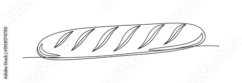 Baguette Bread. Minimalistic one-line drawing long baguette with diagonal scoring lines across the crust, continuous single black line on white background,