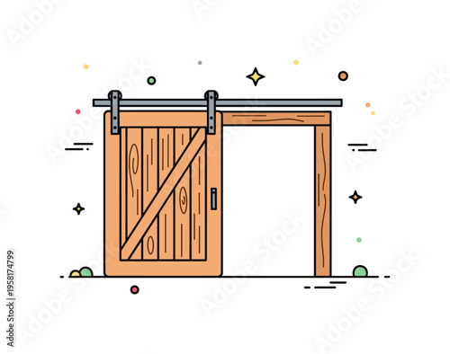Rustic sliding farmhouse door wooden barn door with classic plank texture moving along a rail above a simple doorway creating a recognizable countryside