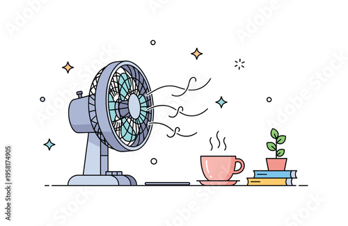 Desk fan summer comfort a small tabletop fan sending smooth airflow lines toward a coffee cup and tiny plant, expressing a calm and refreshing home working