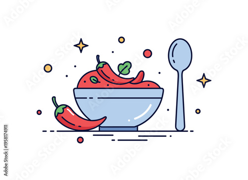 Chili in a bowl homemade recipe scene with a bowl filled with chili while a small chili pepper and spoon decorate the composition. The flavorful image suggests