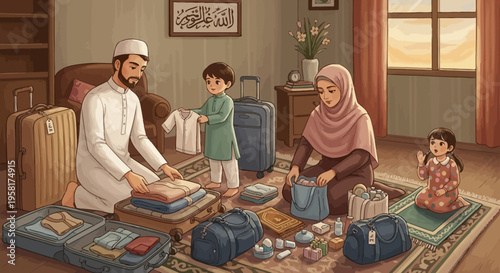 Family Packing Luggage Together Inside.