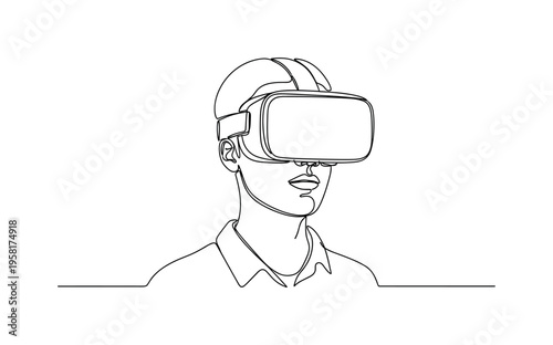 VR Headset Wearable. Minimalistic one-line drawing person wearing virtual reality headset as an immersive wearable device, continuous single black line on