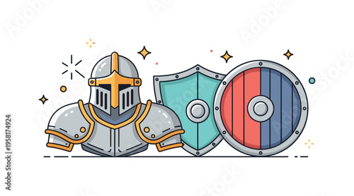 Battle ready armor medieval armor set including a helmet, shield, and shoulder plates arranged neatly together. Spark icons and small star details emphasize