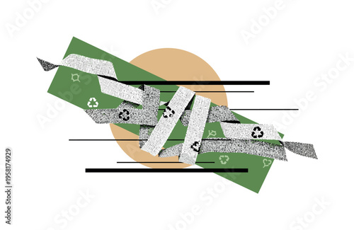Black and white hand weaving abstract strips of recycled fabric, bold moss green rectangle crossing diagonally, soft sand-colored circle behind, thin
