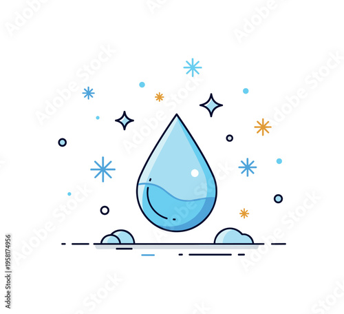 Extreme cold weather scene featuring a frozen droplet icon surrounded by tiny snow crystals and frosty sparkles suggesting deep winter temperatures. The
