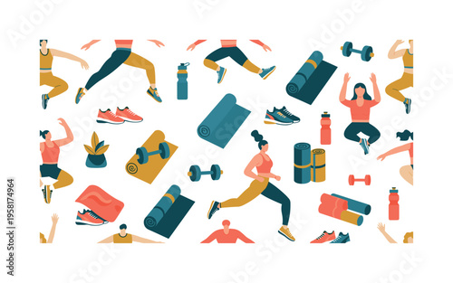 aerobic exercise seamless pattern, individuals performing jumping jacks, fitness gear, sneakers, mats, dumbbells and water bottles arranged in a repeating