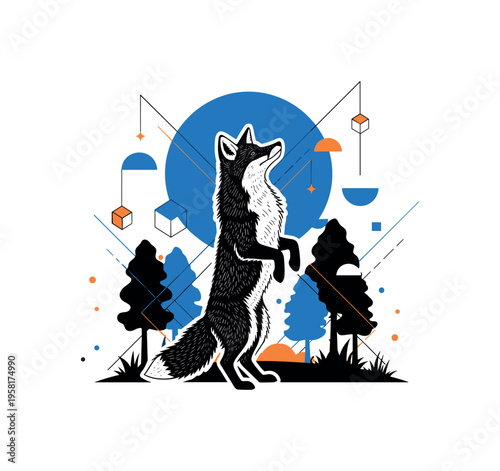 retro style black and white fox standing in a mystical forest clearing, fox cut out with white outline effect, large blue circle behind the fox symbolizing
