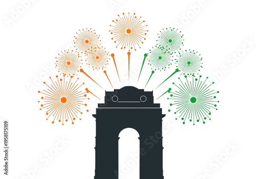 India Gate illuminated with vibrant fireworks display.