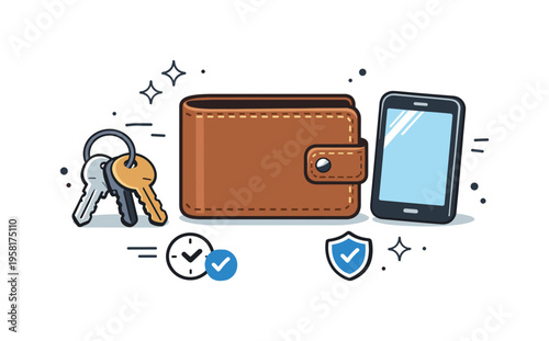 Leather wallet durability concept. A wallet shown alongside everyday items like keys and phone, suggesting reliability and long-term use. Quiet confident mood