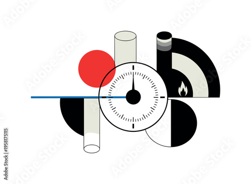 Black and white oven timer dial enlarged as central focal point, red circle intersecting dial, thin blue horizontal line across composition suggesting control,