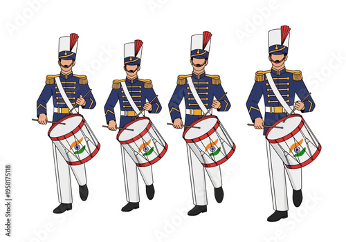 Four Drummers in Uniform Playing Drums.