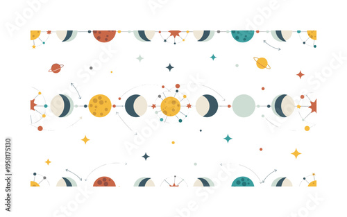 lunar phases cycle with moons, stars and orbital symbols composition, seamless pattern, repeating pattern, surface design, textile print, soft color palette