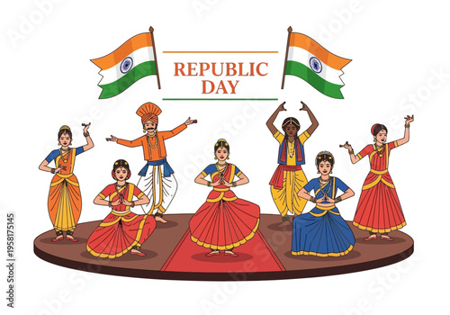 Diverse group of people celebrating Indian Republic Day with traditional dance.