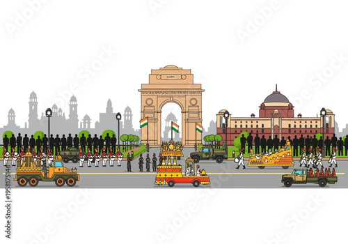 Indian Republic Day Parade at India Gate with Military Vehicles and Marching Soldiers.