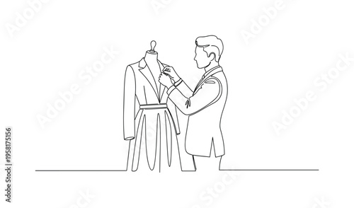 Final Outfit Check. Minimalistic one-line drawing stylist examining a complete outfit on a mannequin for editorial photoshoot, continuous single black line on
