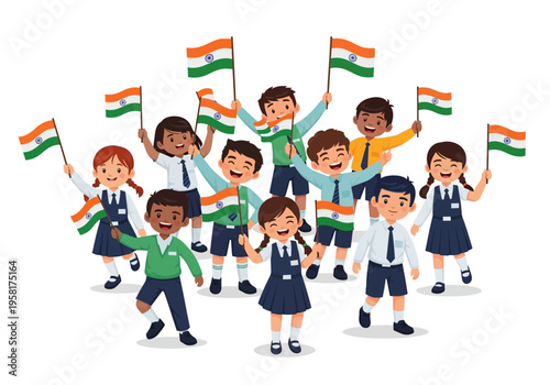 Diverse group of happy Indian school children celebrating Independence Day with flags.