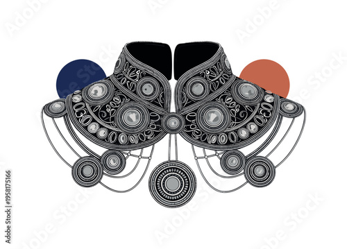 black and white ornate costume collar with detailed embroidery and bead patterns, layered circular halos and thin structural lines creating elegant