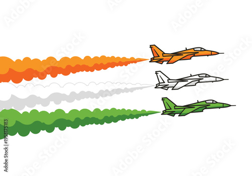 Three fighter jets flying in formation leaving colorful smoke trails.