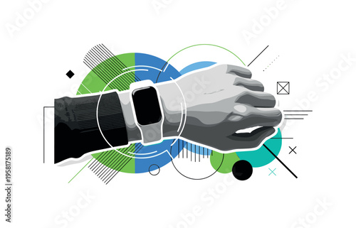 human wrist wearing fitness smartwatch abstract circles lines and geometric shapes representing wearable tech and monitoring black and white retro hand and