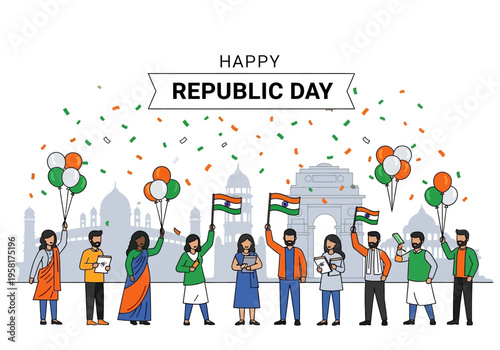 Diverse group of people celebrating Indian Republic Day with flags and balloons.