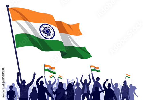 Indian Flag Waving High Above Cheering Crowd Celebrating Independence Day.