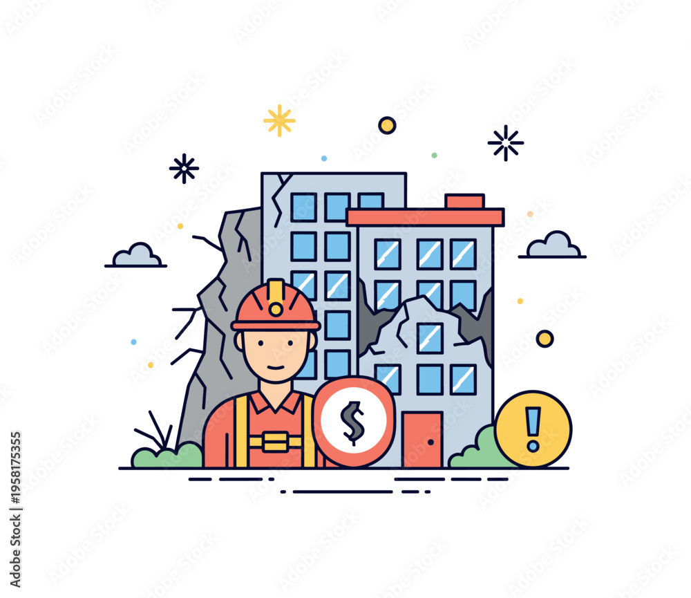Fototapeta premium Earthquake rescue operation rescue worker figure near a damaged building with a small helmet and safety symbol suggesting emergency response after a seismic