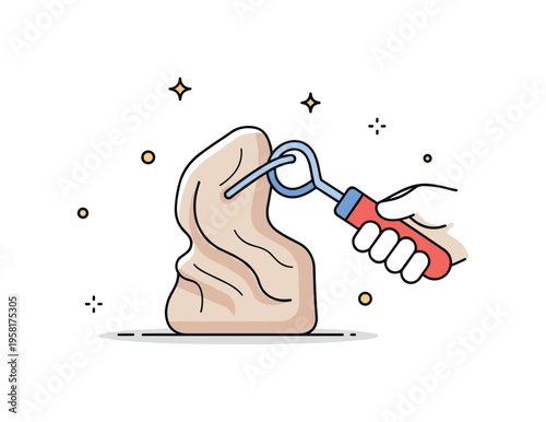 Sculpture creation concept illustrated by a clay figure being refined with a loop tool while small decorative sparkles suggest artistic inspiration. Expressive