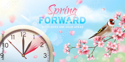 Illustration of a clock and bird on cherry blossoms. Represents springtime and daylight saving time with a bright sky in the background. Encourages setting clocks ahead.