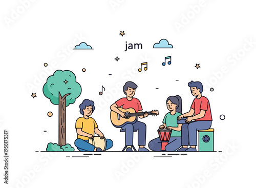 Sunset jam circle simple group of friends playing acoustic guitar and hand percussion near a small tree while floating notes create a feeling of evening music
