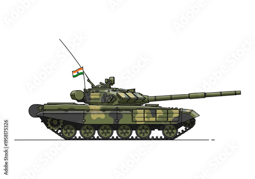 Indian Army T-72 Ajeya Battle Tank with Indian Flag.