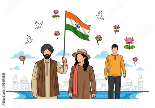 Diverse Indian people celebrating Independence Day with national flag.