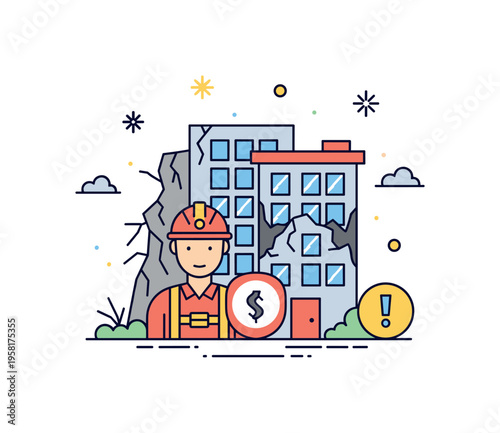 Earthquake rescue operation rescue worker figure near a damaged building with a small helmet and safety symbol suggesting emergency response after a seismic