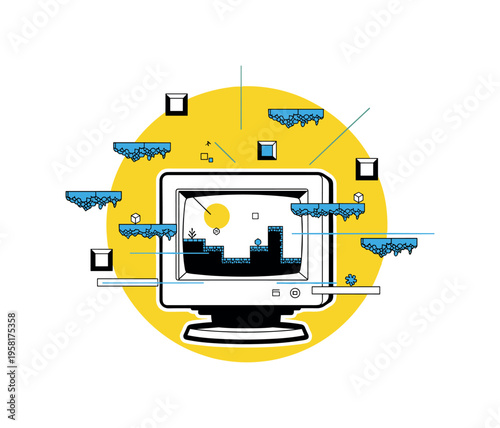 vintage computer monitor displaying a tiny indie platformer world, black and white cut-out monitor with white outline effect, large yellow circle behind the