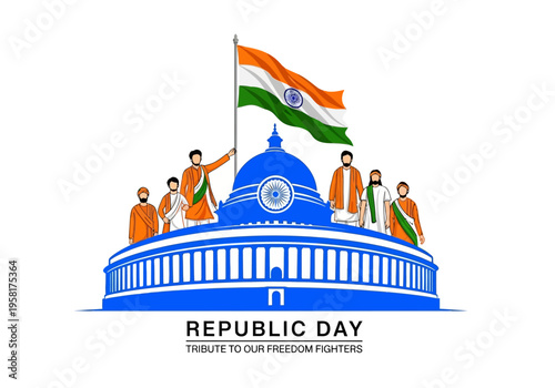 Indian Republic Day Celebration at Parliament Building with Flag and People.