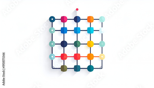Colorful network nodes connected by lines against a white backdrop with subtle shadows
