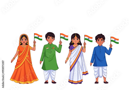 Children in Traditional Indian Clothing Holding Indian Flags.