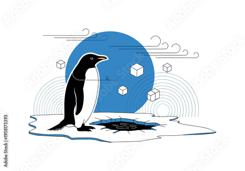 penguin standing beside a polynya opening in frozen water, black and white penguin cut-out with white outline, large blue circle behind the animal symbolizing