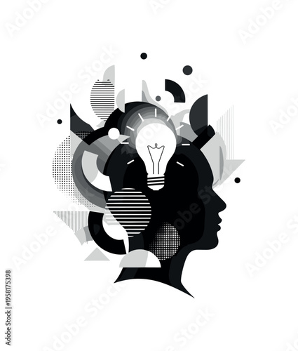 silhouette with lightbulb above head, geometric circles semicircles and abstract shapes representing realization and inspiration, black and white retro