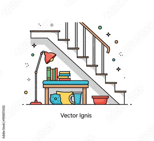 Under the stairs reading space featuring a small built in bench with a reading lamp and stacked books, expressing clever interior design and intimate