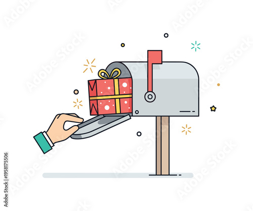 Festive mailbox moment with a decorated parcel peeking out of a mailbox while a curious hand reaches to pull it out. Small spark accents highlight